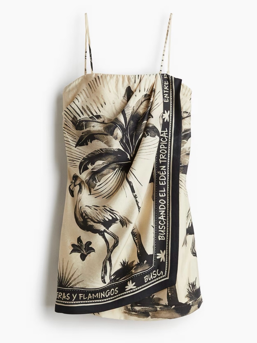 H&M Beige Slip Dress Top with Black Tropical Flamingo Print